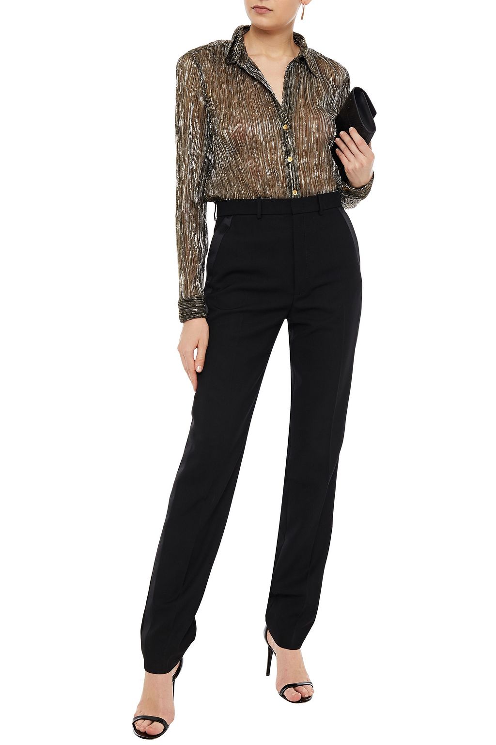 L'AGENCE Nina metallic plissé crochet-knit shirt