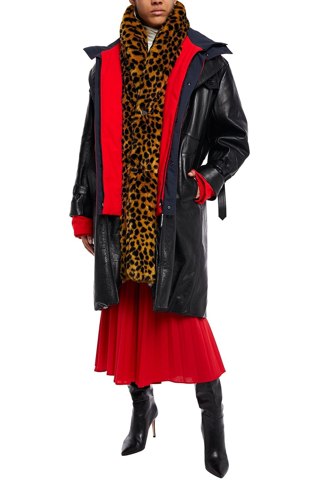 BALENCIAGA Layered leopard-print faux fur, leather and woven hooded coat