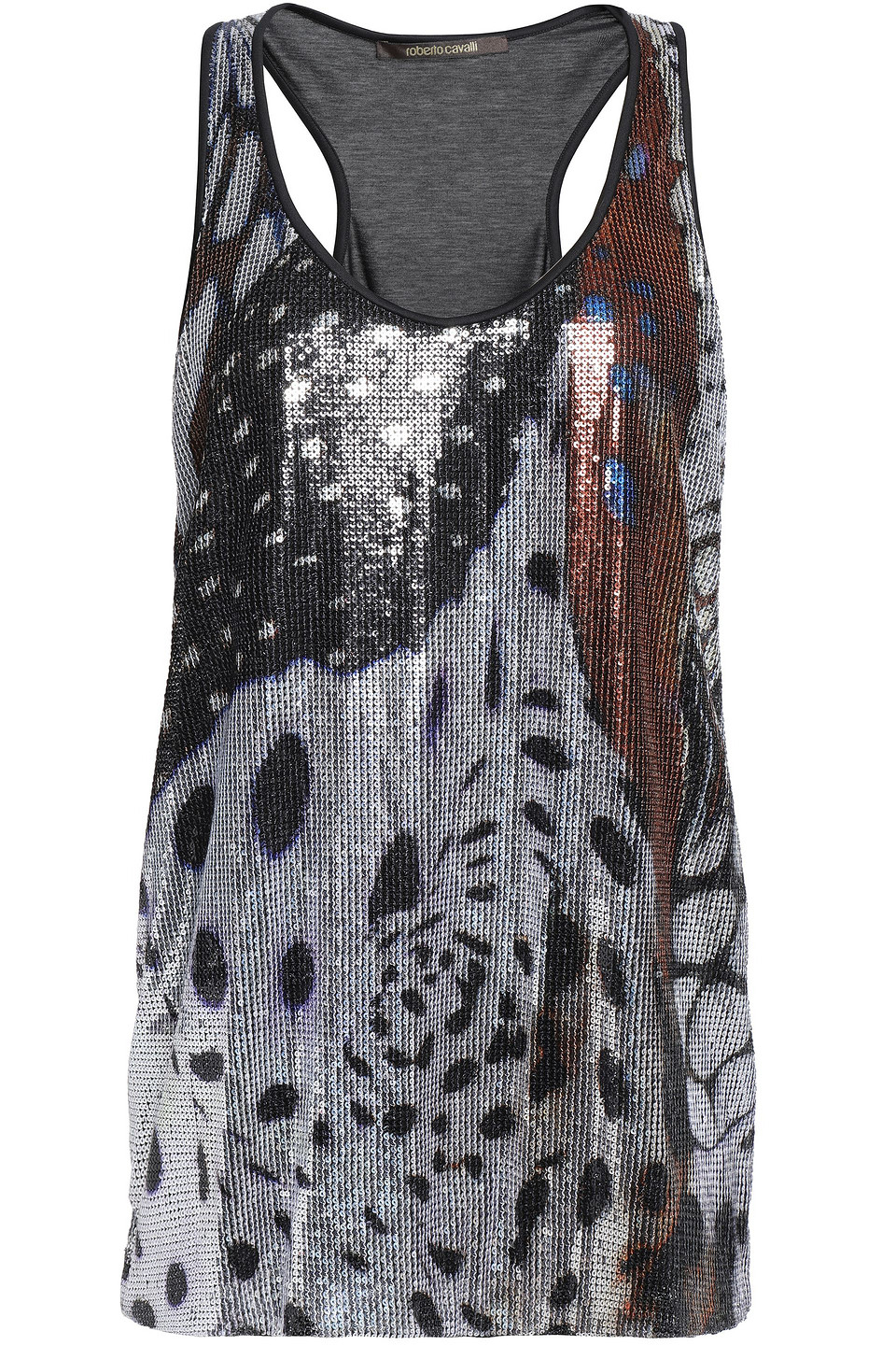 roberto cavalli - sequined printed jersey tank - black - it 38