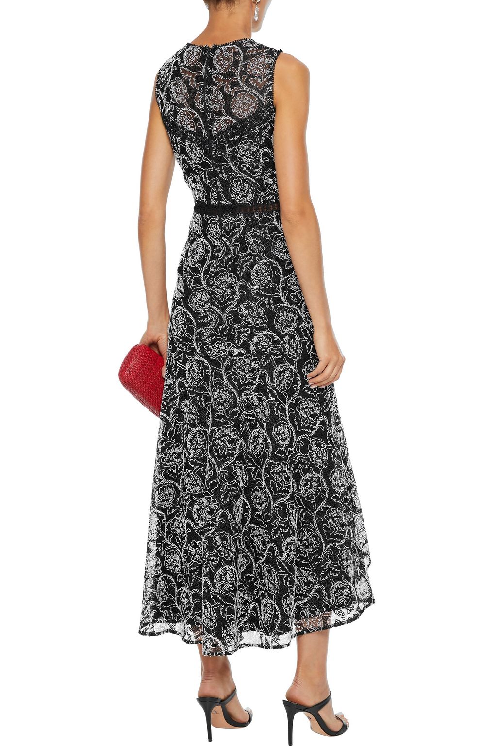 ML MONIQUE LHUILLIER Asymmetric crochet-trimmed embroidered lace midi dress