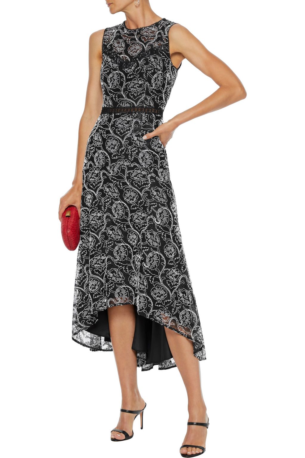 ML MONIQUE LHUILLIER Asymmetric crochet-trimmed embroidered lace midi dress