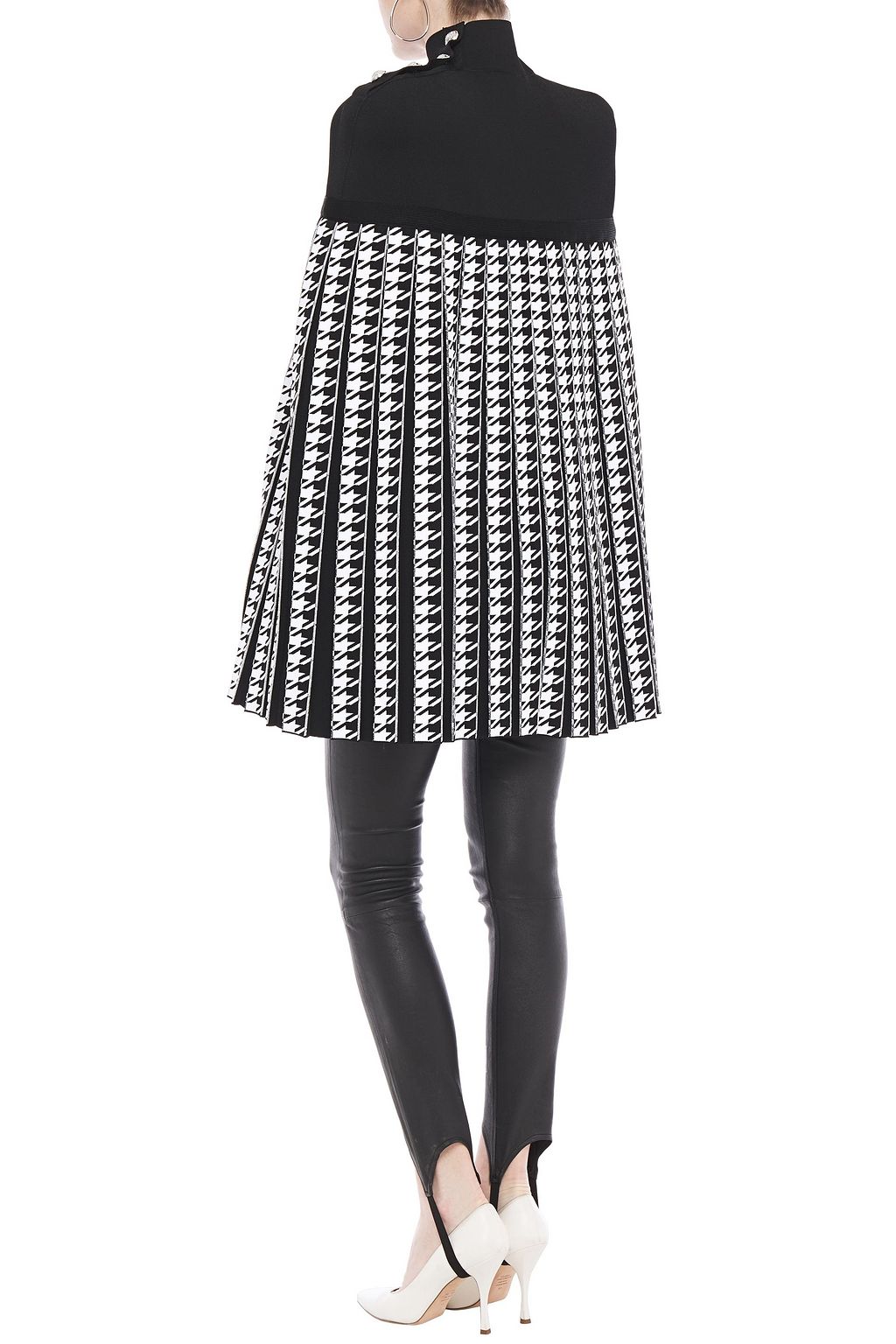 BALMAIN Pleated stretch-knit and houndstooth jacquard poncho