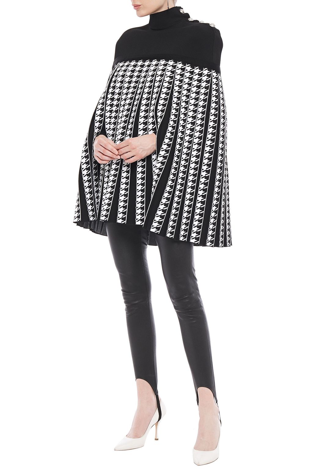 BALMAIN Pleated stretch-knit and houndstooth jacquard poncho