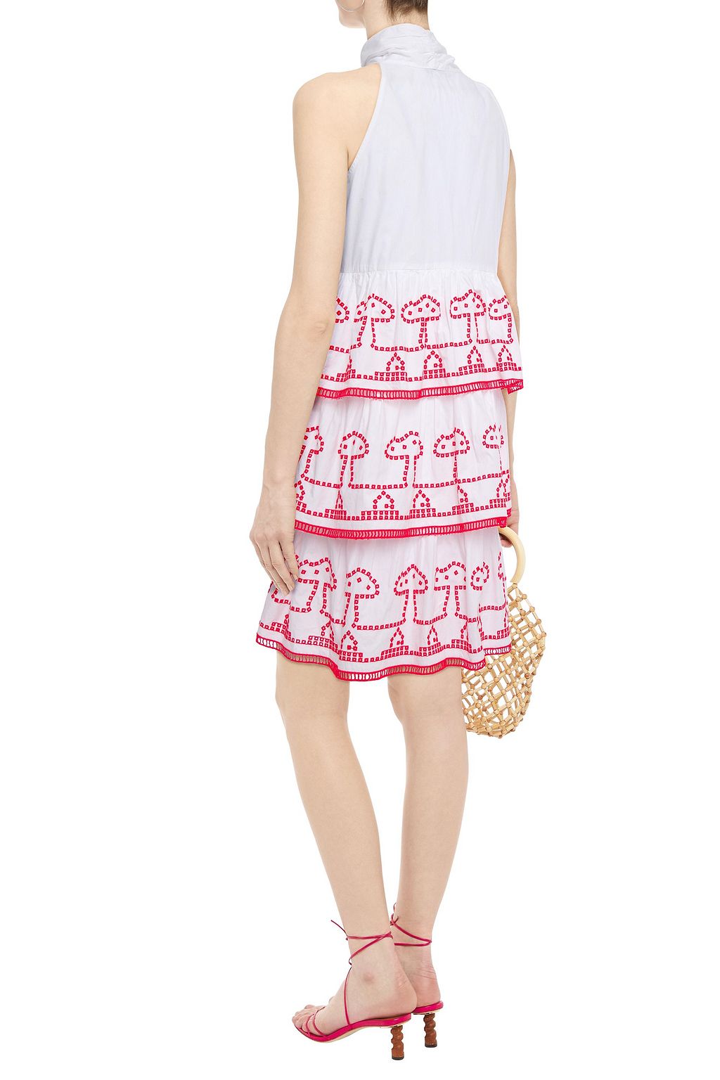 GANNI Pussy-bow embroidered cotton-poplin mini dress