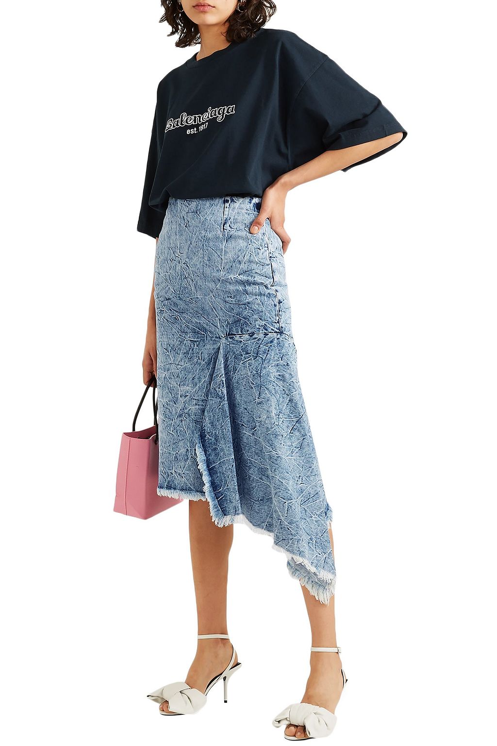 BALENCIAGA Asymmetric frayed acid-wash denim skirt