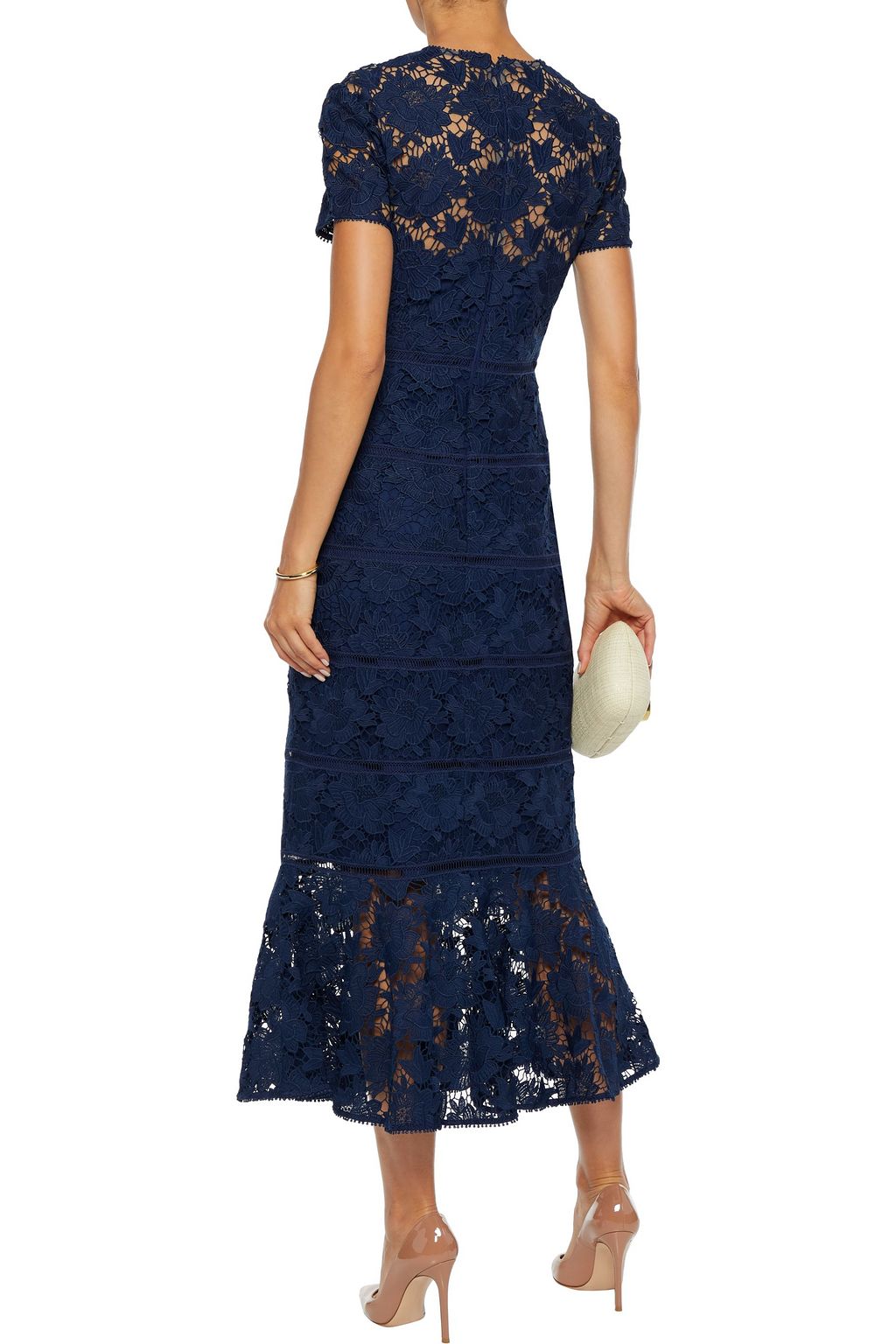 ML MONIQUE LHUILLIER Fluted guipure lace midi dress