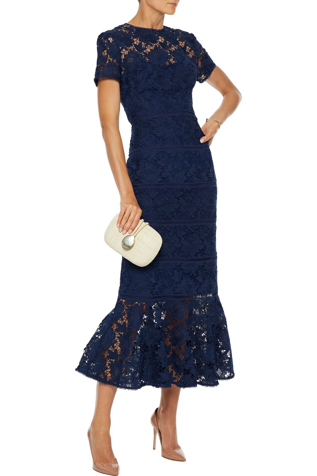 ML MONIQUE LHUILLIER Fluted guipure lace midi dress