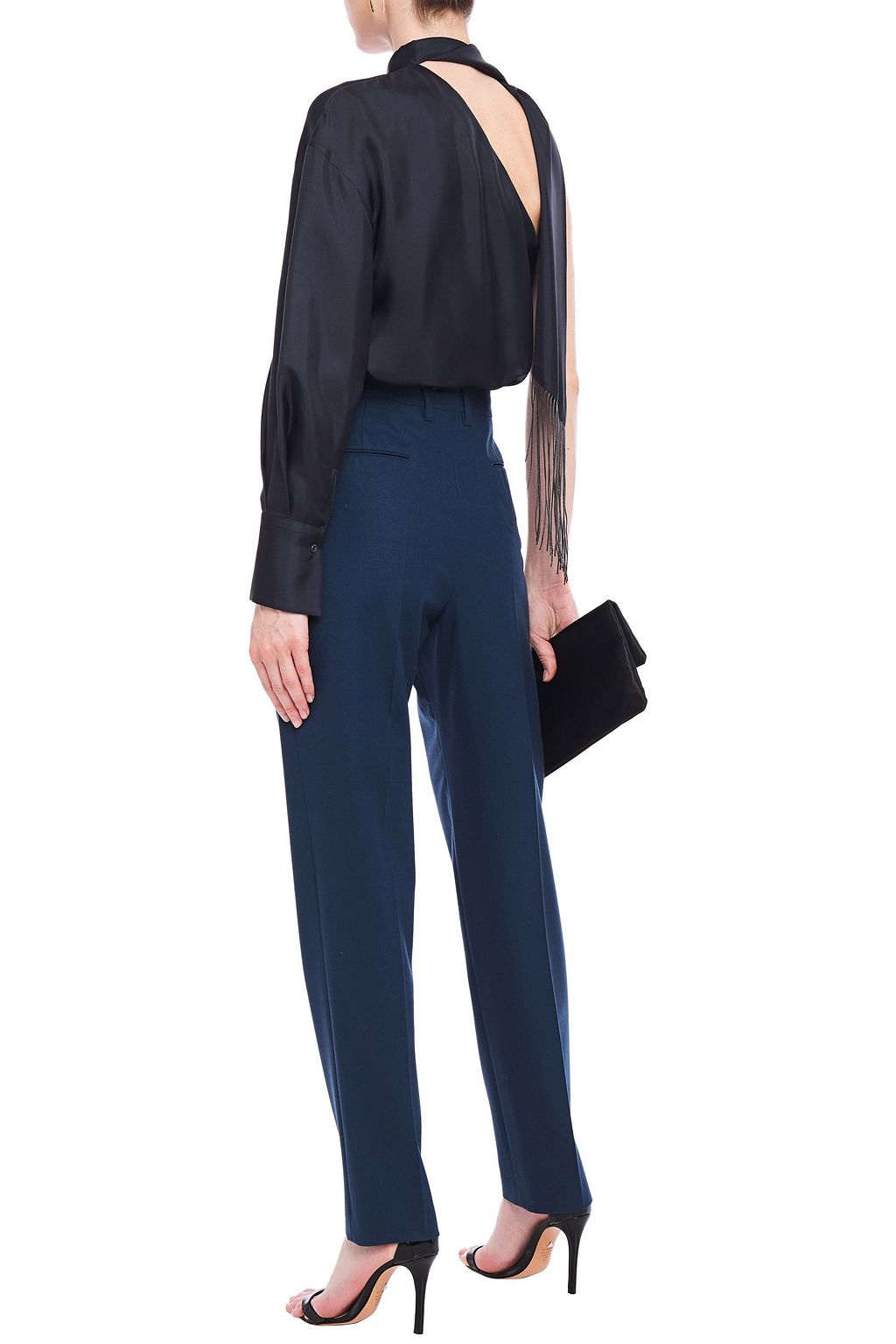 BRUNELLO CUCINELLI One-sleeve tie-neck fringed silk-twill top