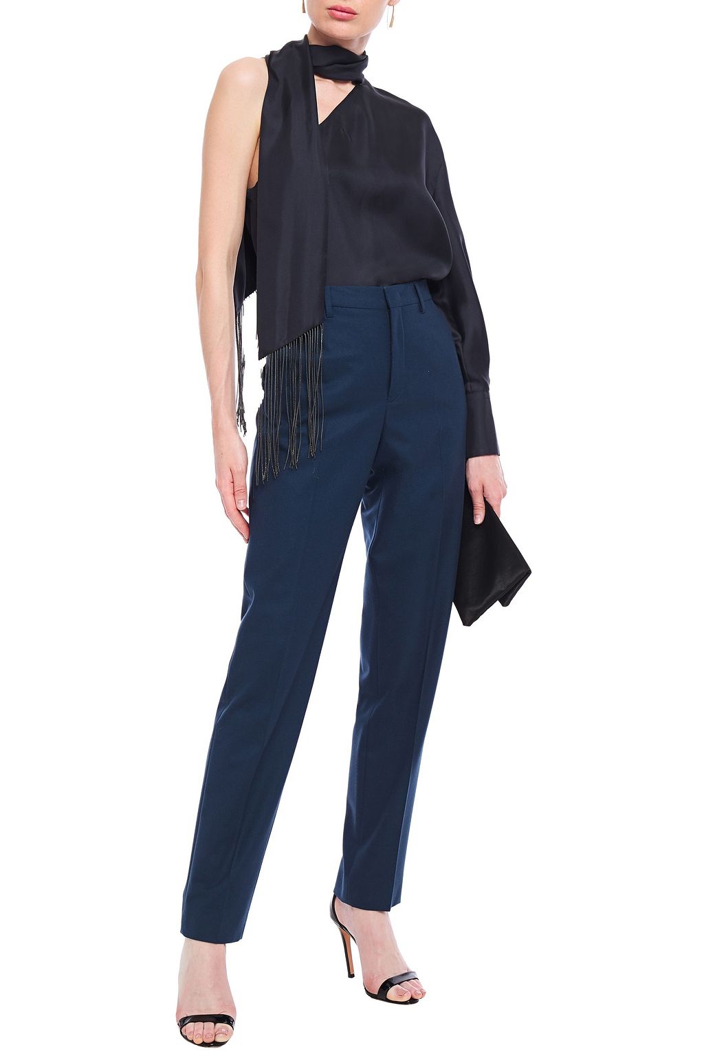 BRUNELLO CUCINELLI One-sleeve tie-neck fringed silk-twill top