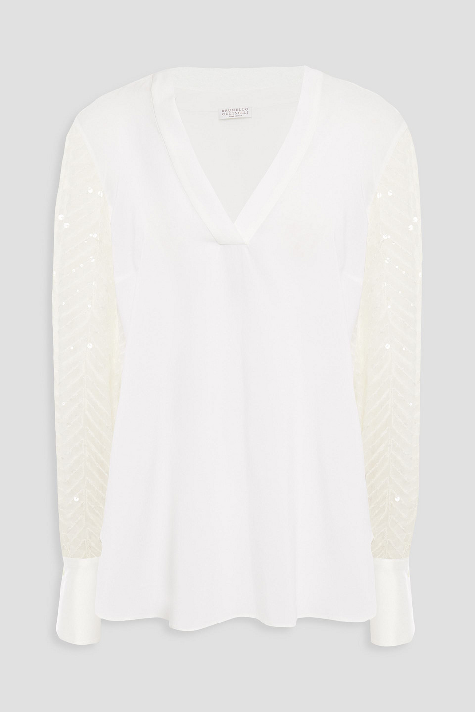brunello cucinelli - embellished chiffon and silk-blend crepe de chine blouse - white - m