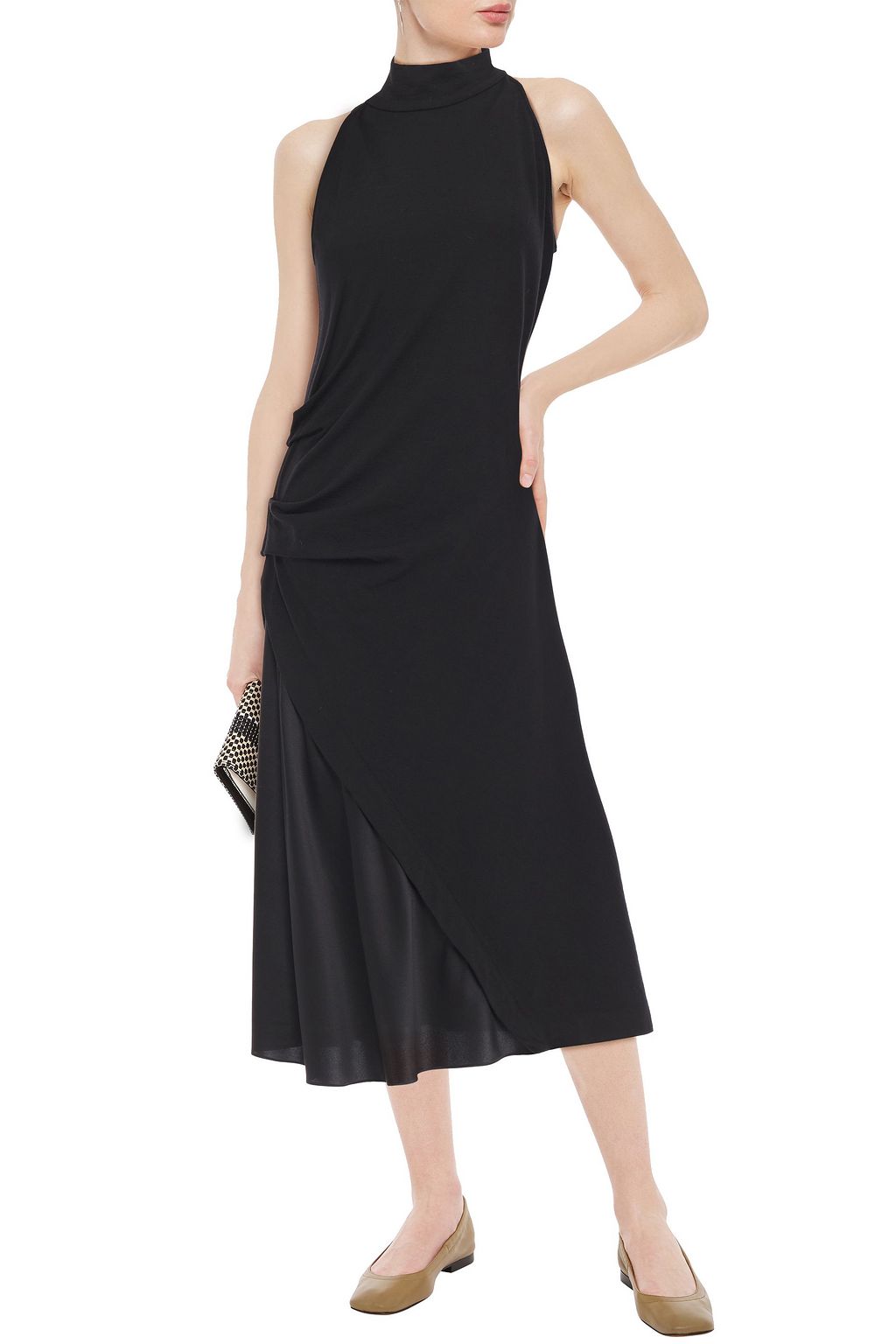 BRUNELLO CUCINELLI Paneled silk-satin crepe and wool-blend jersey midi dress