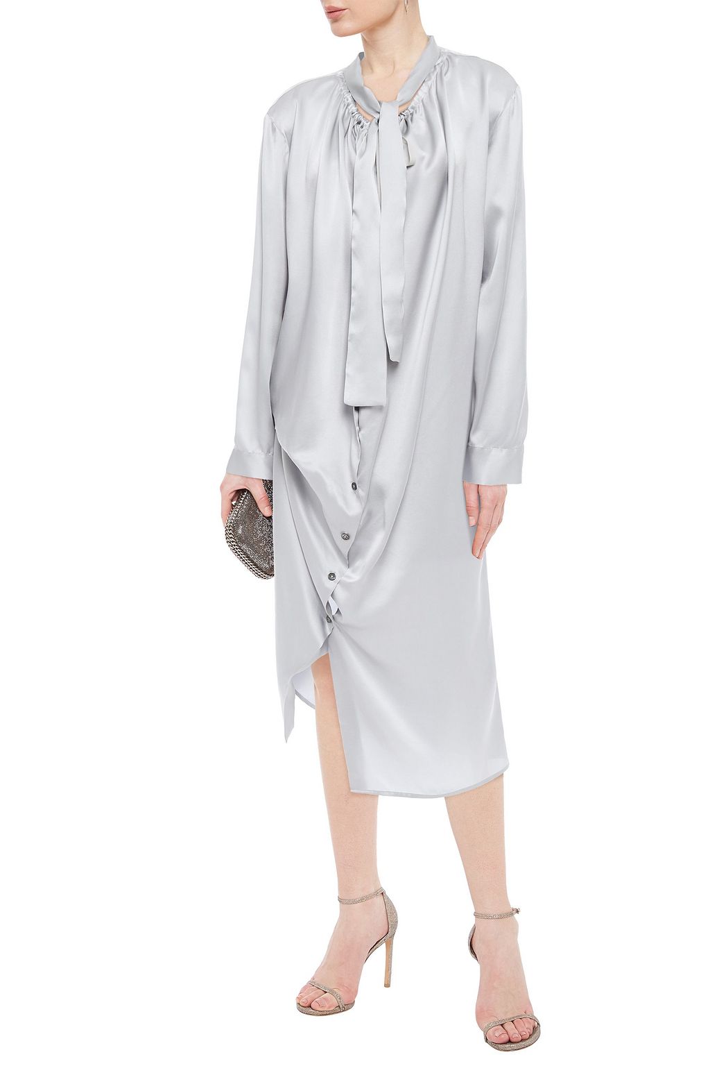 ANN DEMEULEMEESTER アシンメトリー タイネック シルクサテン ミディワンピース