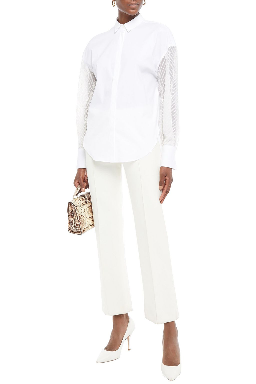 BRUNELLO CUCINELLI Embellished organza-paneled cotton-blend poplin shirt