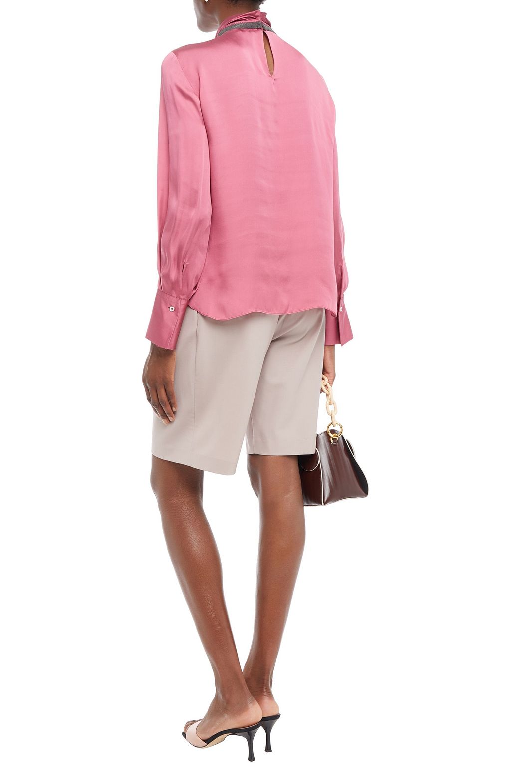 BRUNELLO CUCINELLI Bead-embellished silk-satin turtleneck blouse