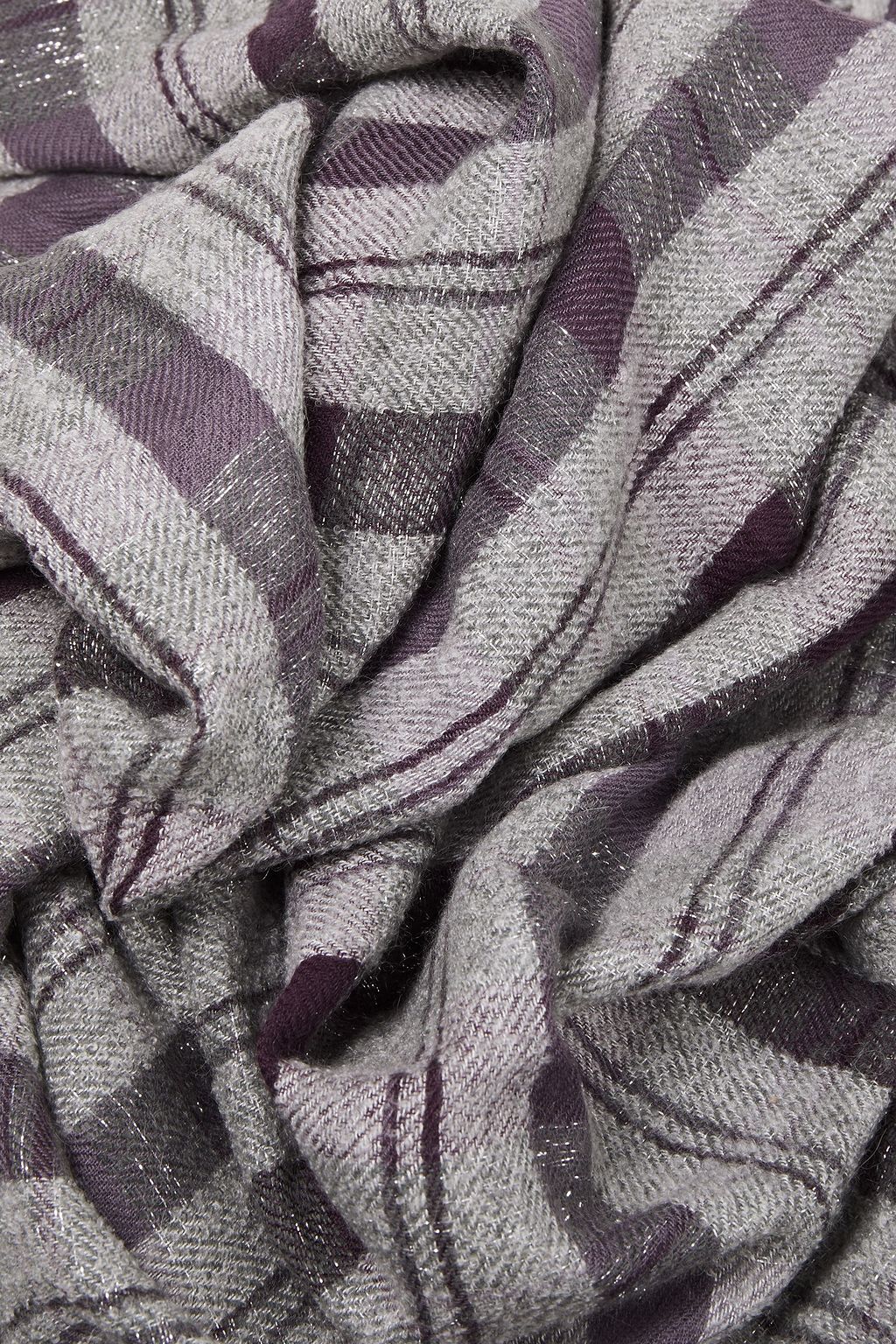 BRUNELLO CUCINELLI Fringed metallic checked cashmere-blend scarf