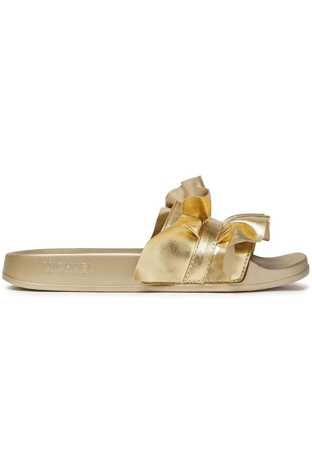 bella ruffled metallic leather sandal