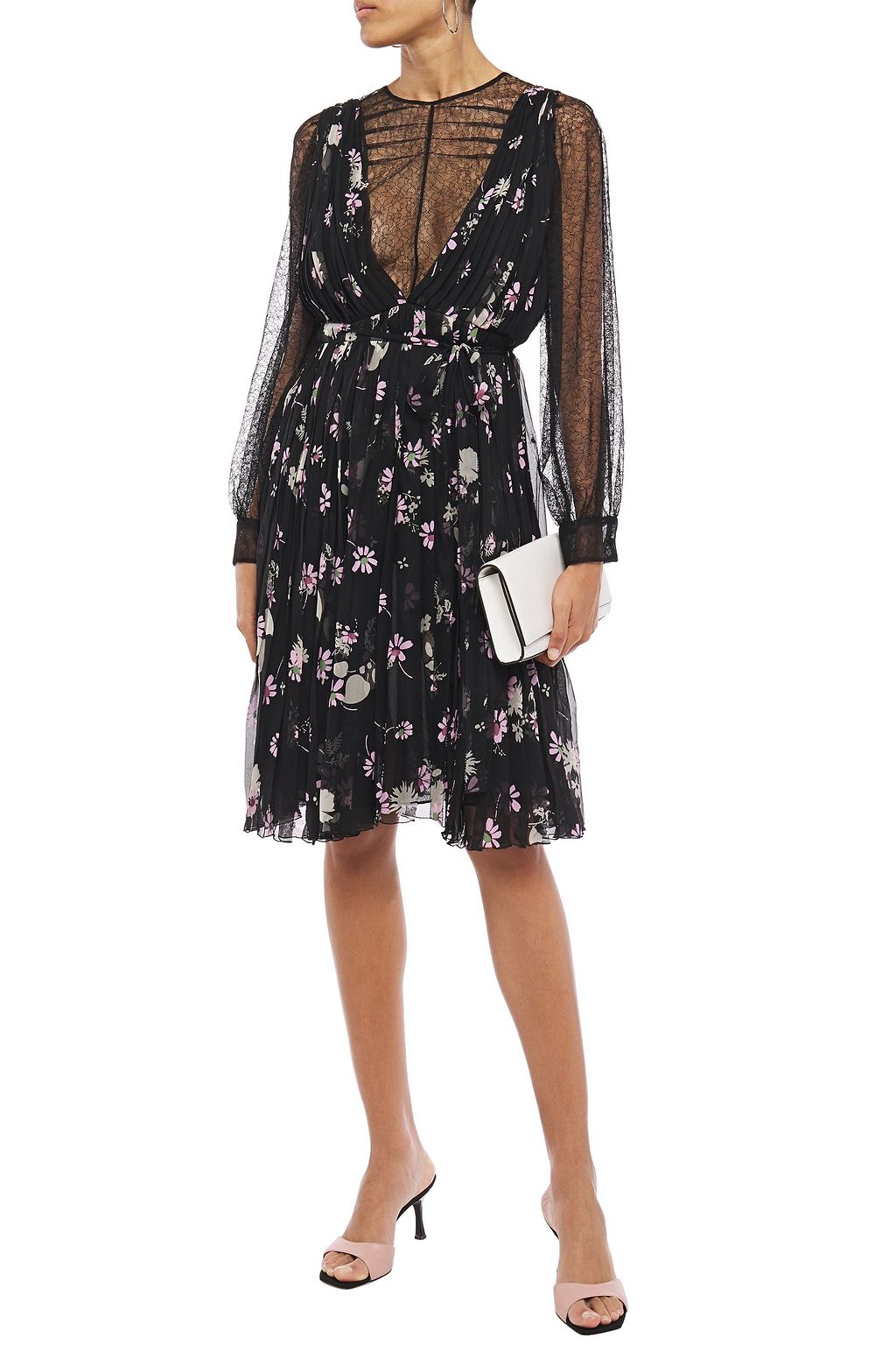 VALENTINO GARAVANI Layered floral-print silk-chiffon and Chantilly lace dress