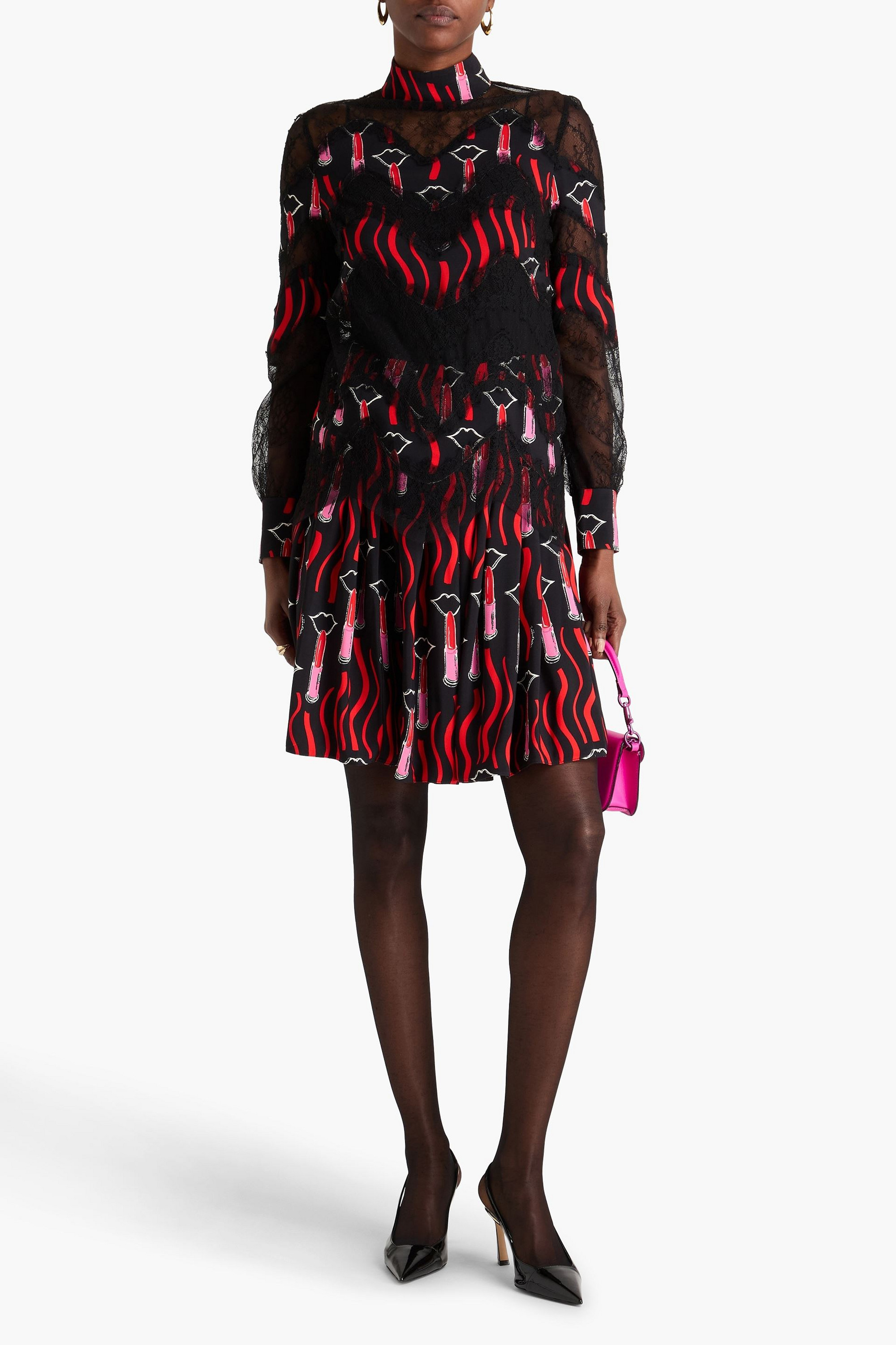 Valentino Garavani Printed crepe, Chantilly lace and point d'esprit dress