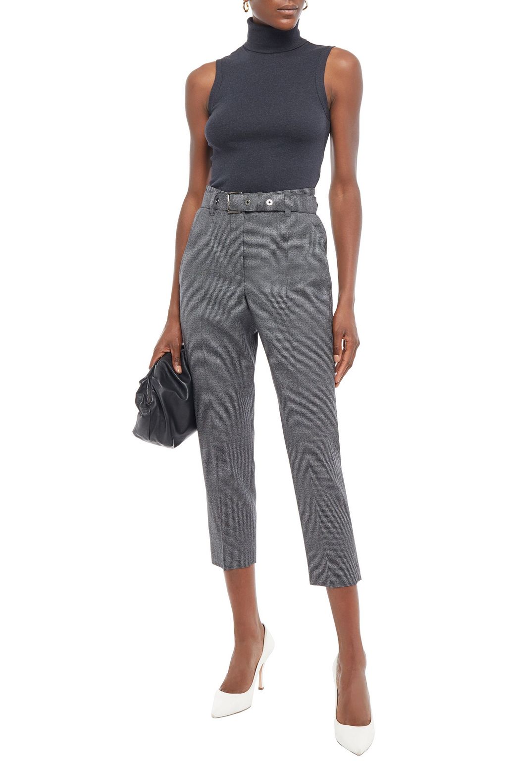 BRUNELLO CUCINELLI Cropped belted houndstooth wool tapered pants