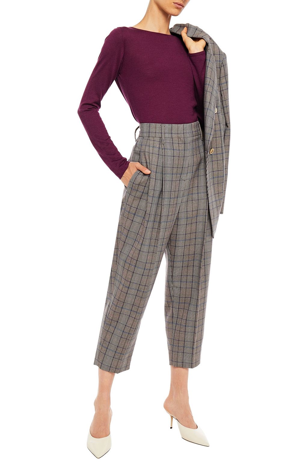 BRUNELLO CUCINELLI Cropped Prince of Wales checked wool and cotton-blend tapered pants
