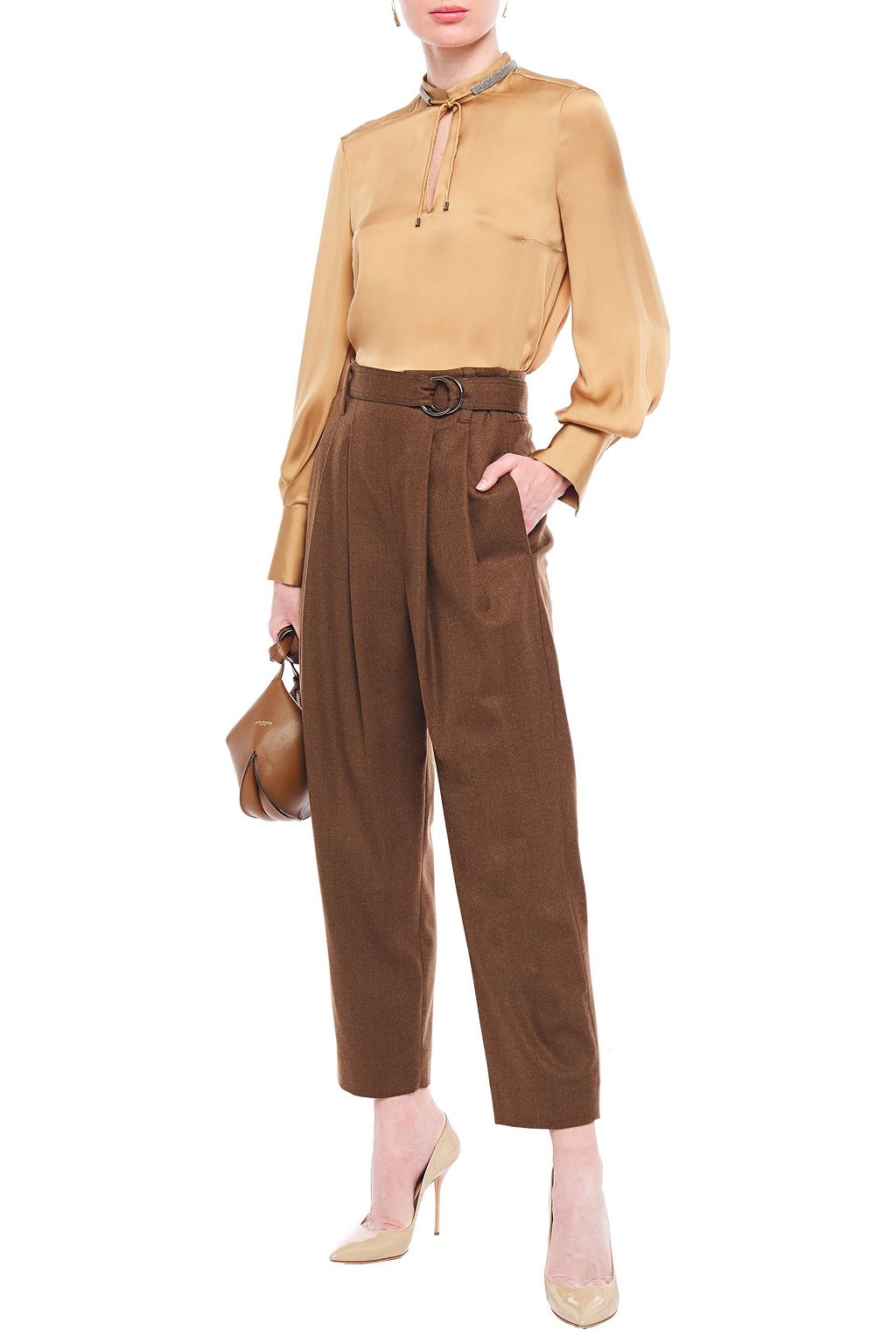 BRUNELLO CUCINELLI Belted pleated wool-blend twill tapered pants