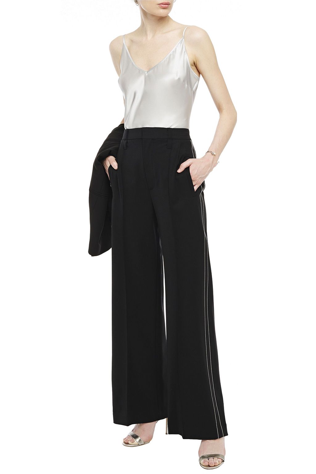 BRUNELLO CUCINELLI Hose mit weitem Bein aus Twill aus einer Wollmischung mit Zierperlen