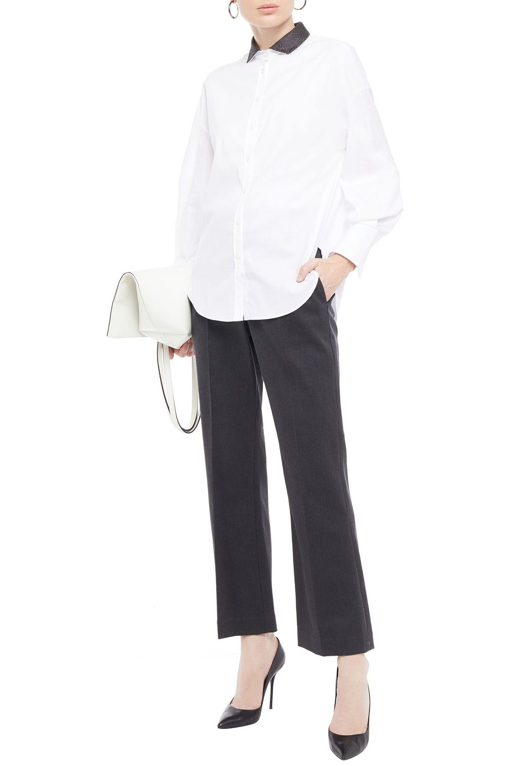 BRUNELLO CUCINELLI Bead-embellished silk satin-trimmed cotton-blend poplin shirt