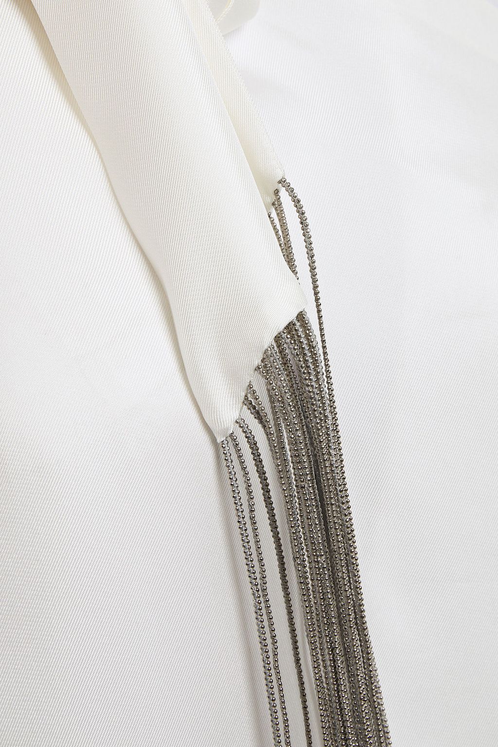 BRUNELLO CUCINELLI One-sleeve tie-neck fringed silk-twill top