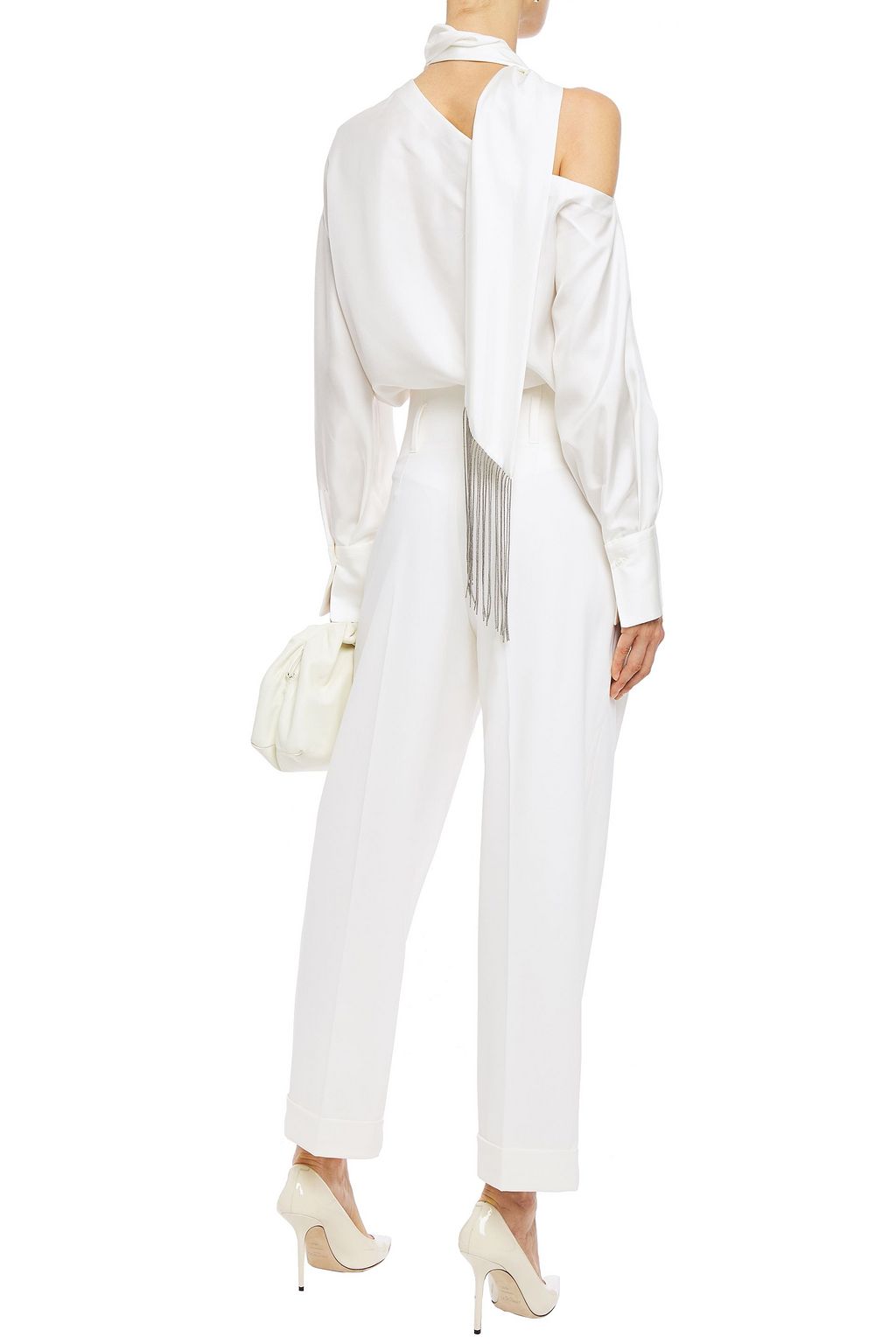 BRUNELLO CUCINELLI One-sleeve tie-neck fringed silk-twill top