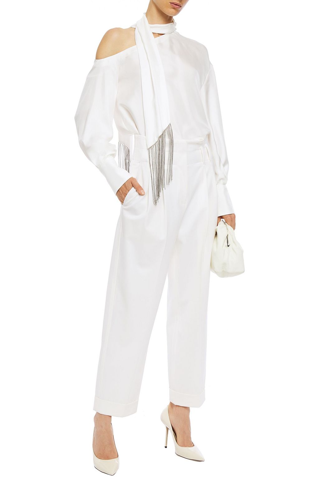 BRUNELLO CUCINELLI One-sleeve tie-neck fringed silk-twill top