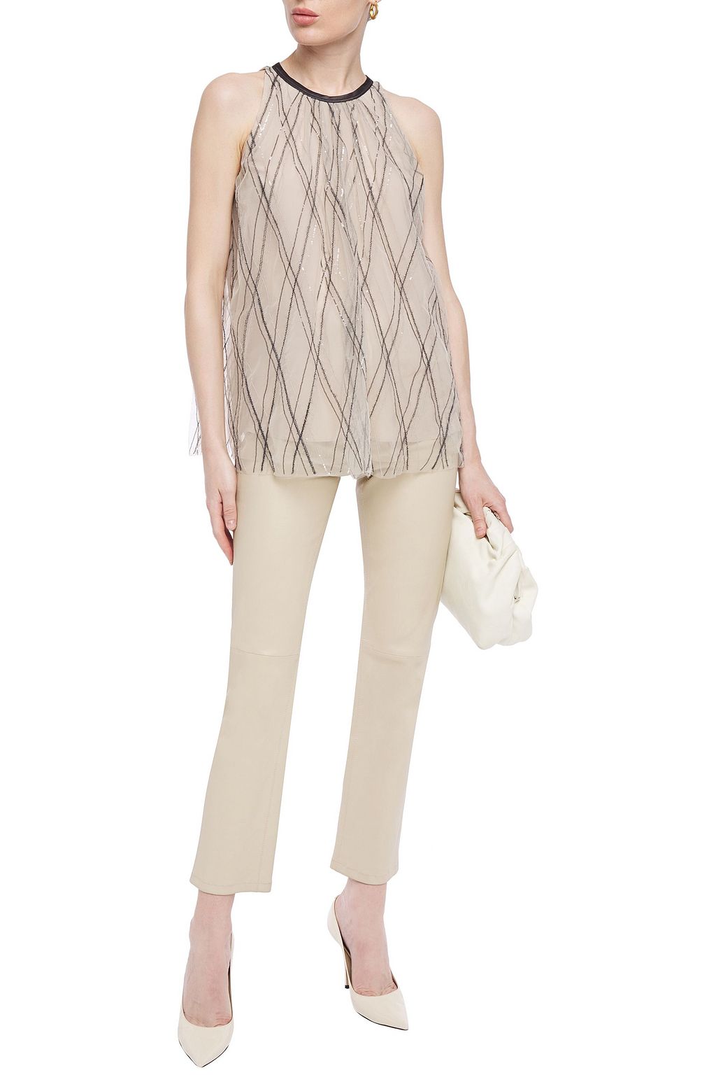 BRUNELLO CUCINELLI Bead and sequin-embellished embroidered tulle top
