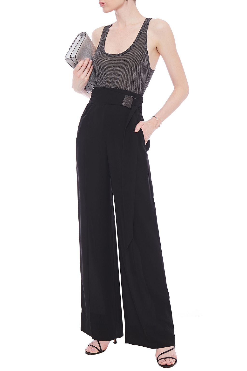 BRUNELLO CUCINELLI Bead-embellished belted silk-crepe wide-leg pants