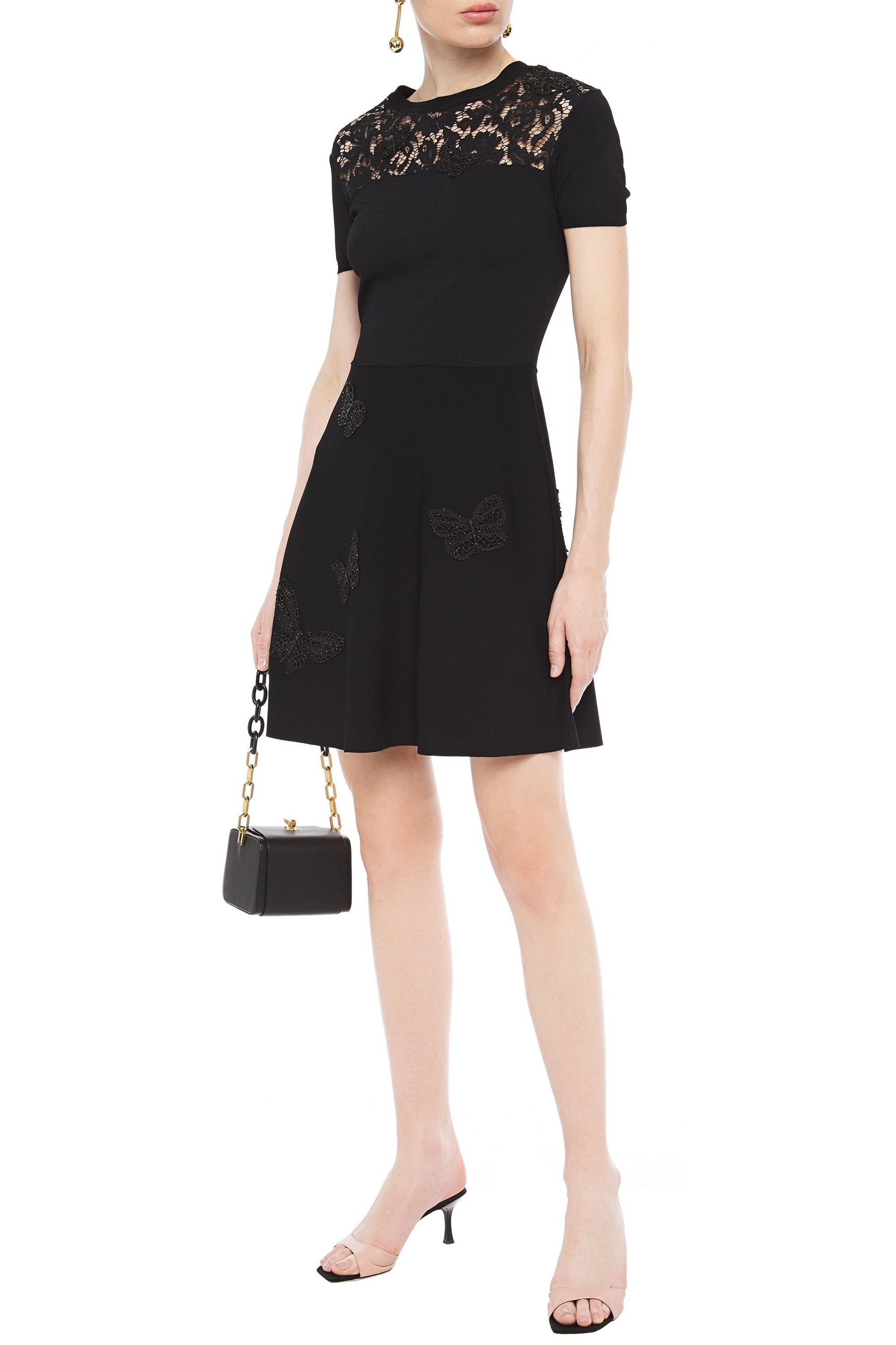 Valentino Garavani Corded lace-paneled appliquéd stretch-knit mini dress