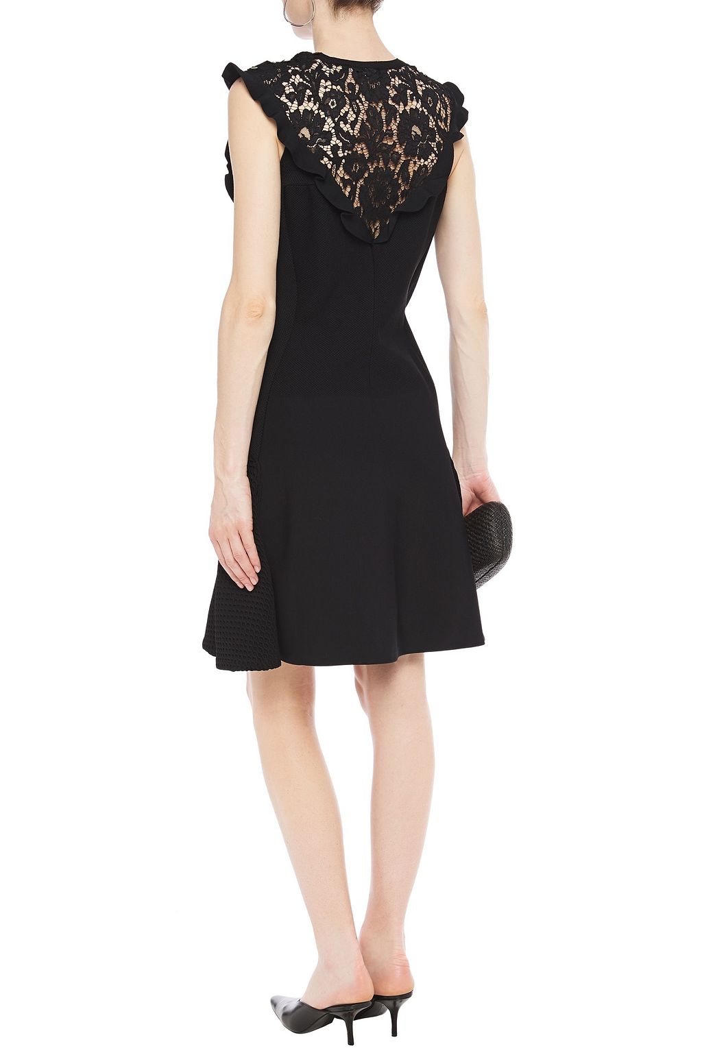 VALENTINO GARAVANI Ruffle-trimmed corded lace, waffle-knit and ponte dress