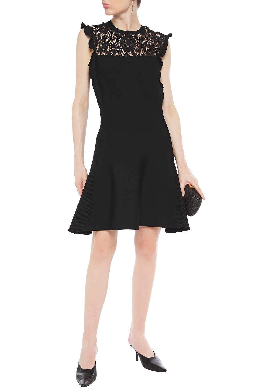 VALENTINO GARAVANI Ruffle-trimmed corded lace, waffle-knit and ponte dress