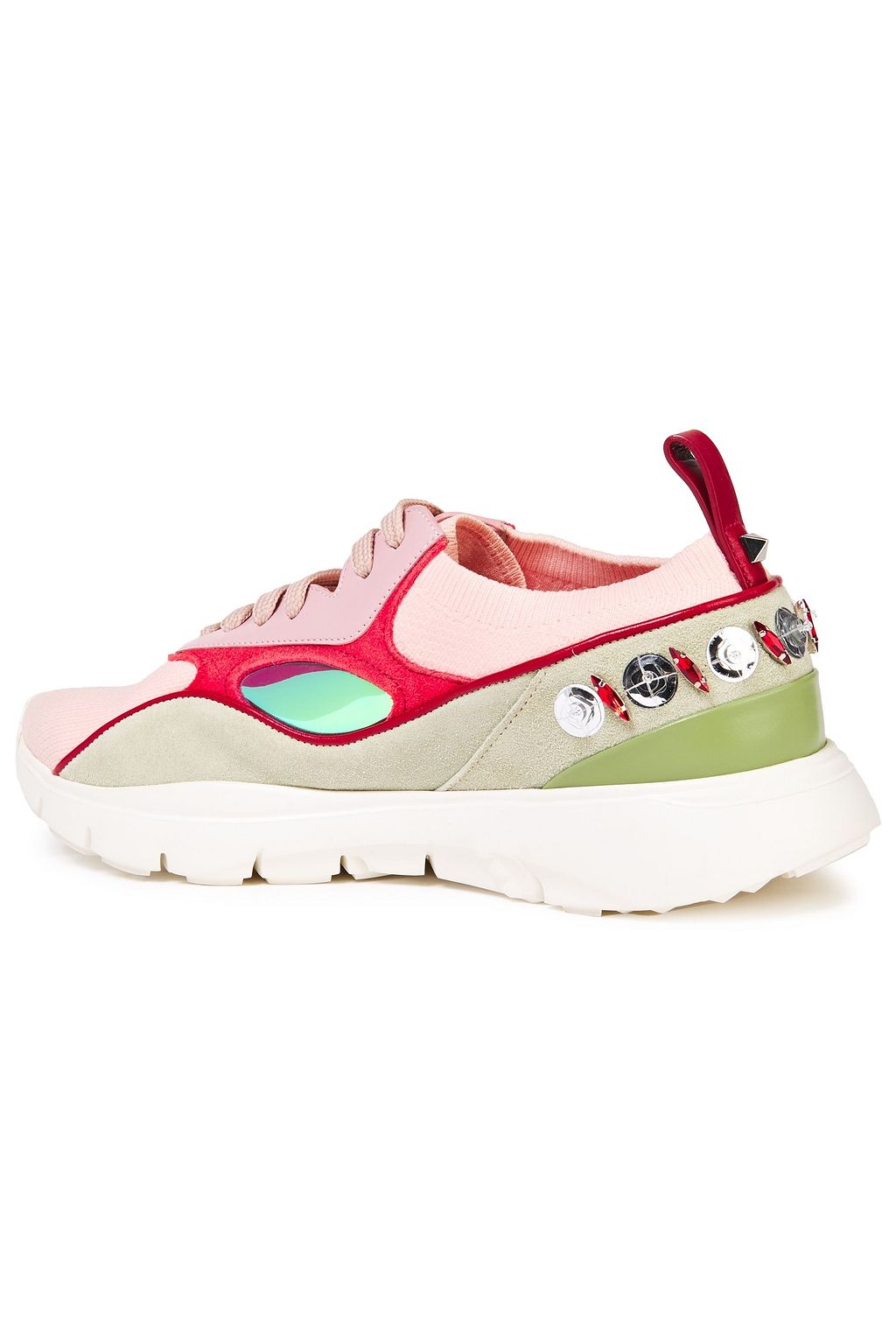 VALENTINO GARAVANI Embellished suede, leather and stretch-knit sneakers