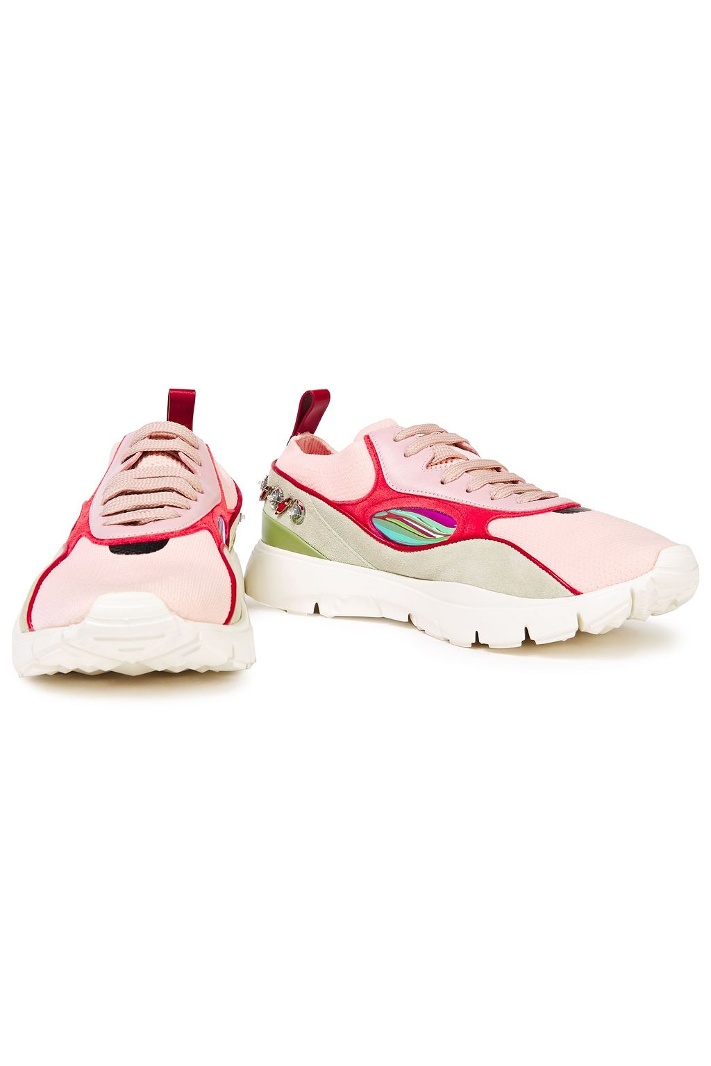 VALENTINO GARAVANI Embellished suede, leather and stretch-knit sneakers