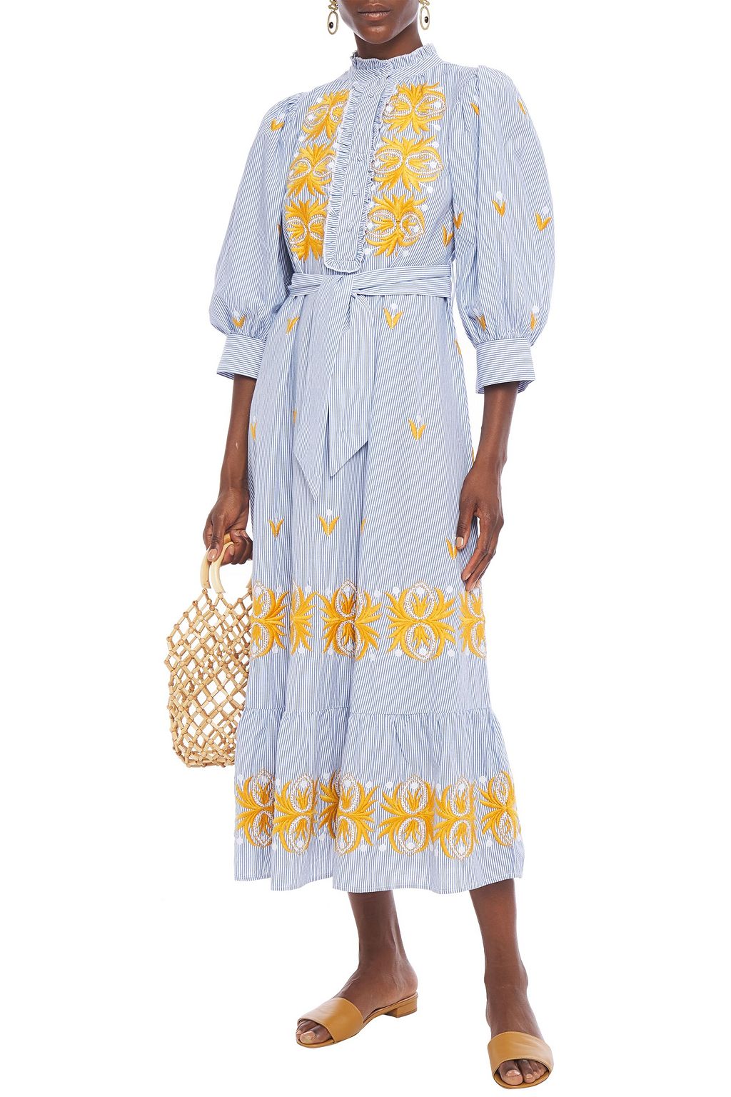 ANTIK BATIK Mexica embroidered striped cotton midi dress