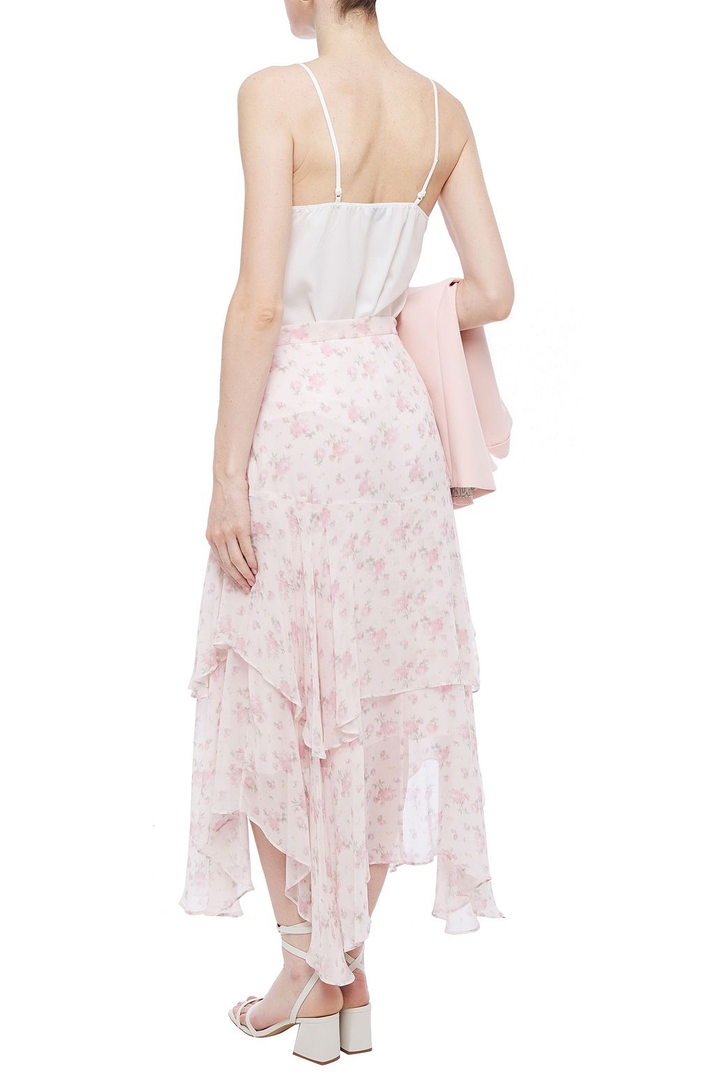 LOVESHACKFANCY Alex asymmetric tiered floral-print silk-georgette midi skirt