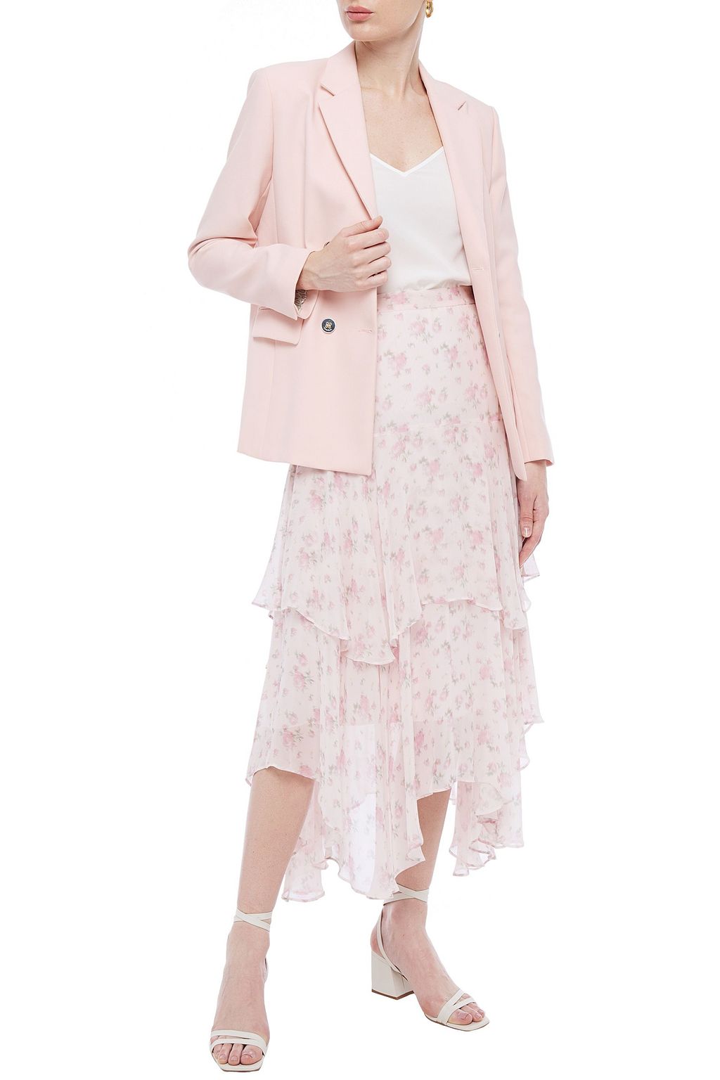 LOVESHACKFANCY Alex asymmetric tiered floral-print silk-georgette midi skirt