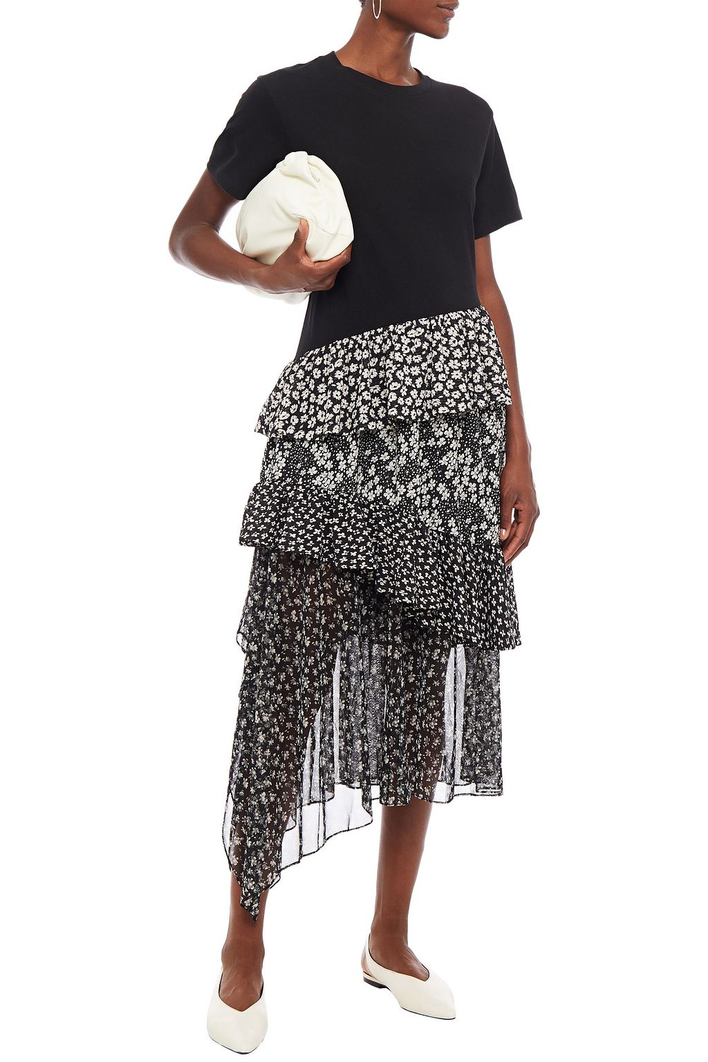 GOEN.J Tiered floral-print mesh and cotton-jersey midi dress