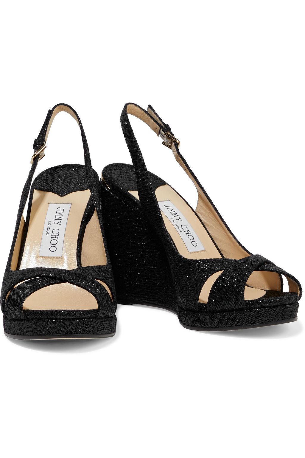 JIMMY CHOO Amely 105 metallic woven slingback wedge sandals