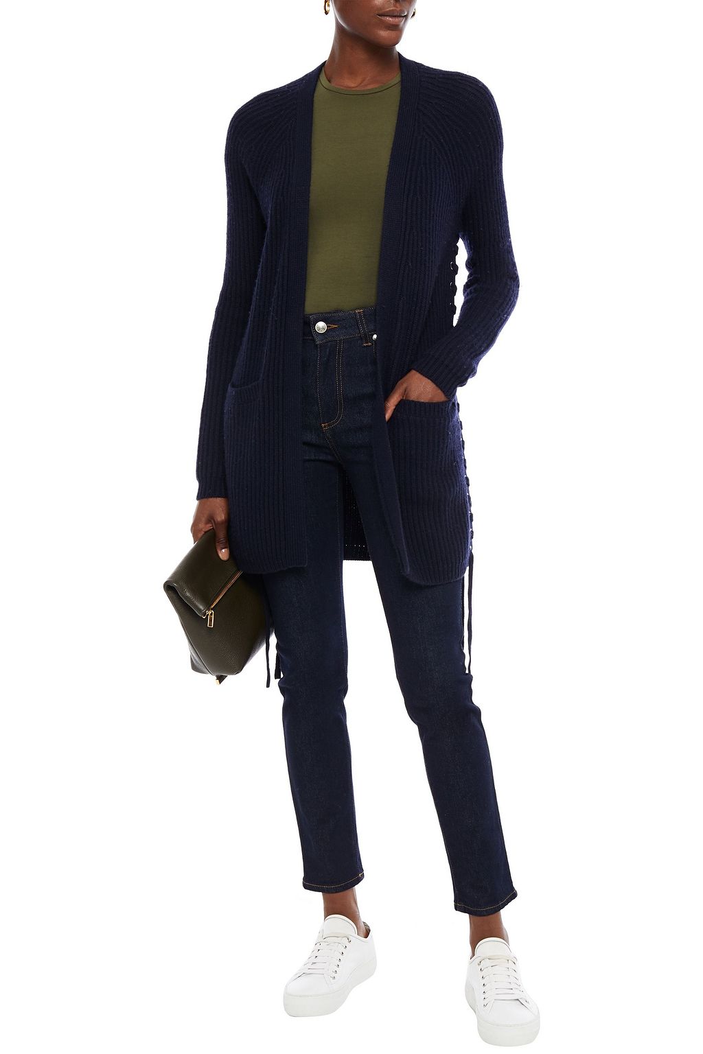AUTUMN CASHMERE Lace-up ribbed-knit cardigan