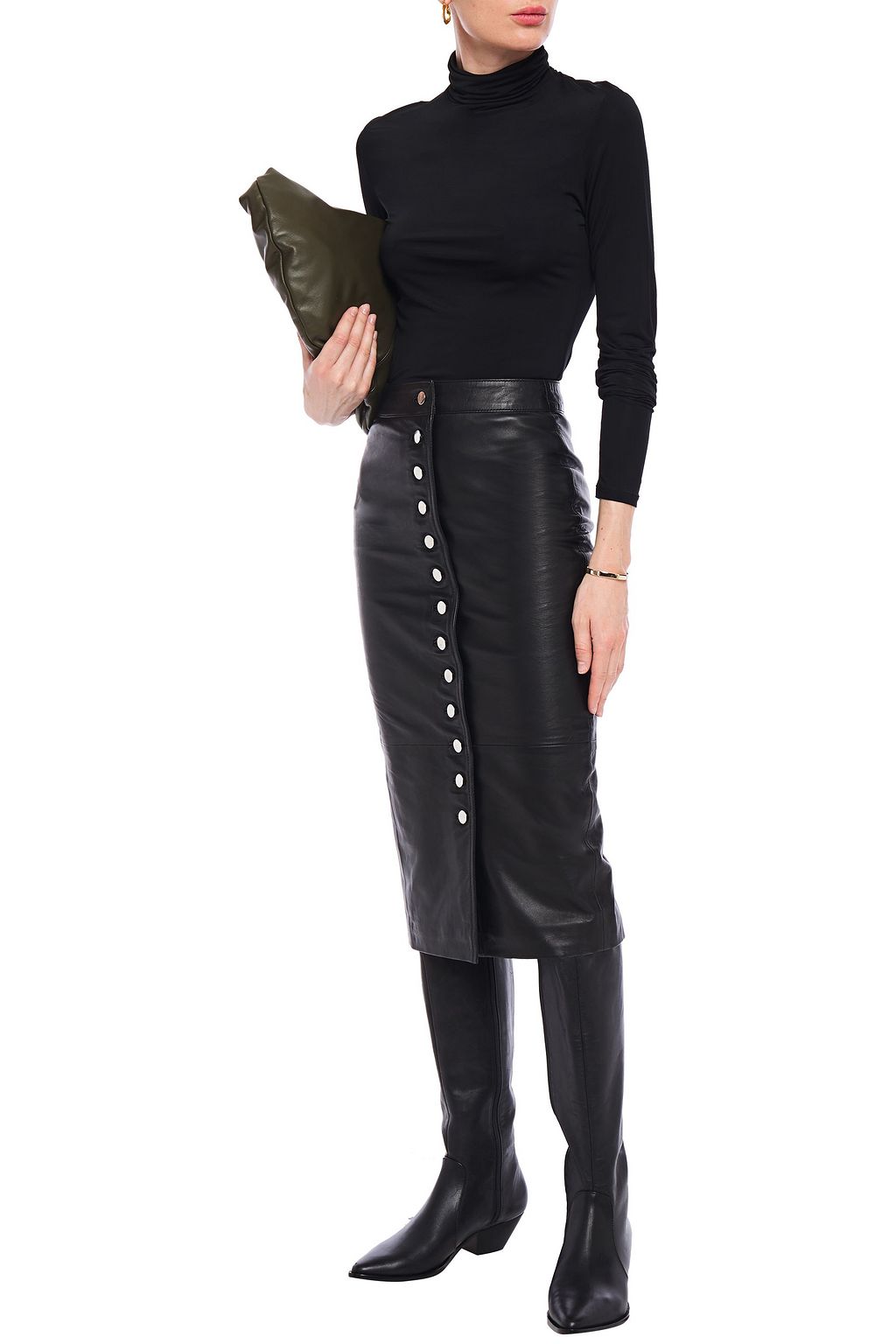 MUUBAA Tanera button-detailed leather midi pencil skirt