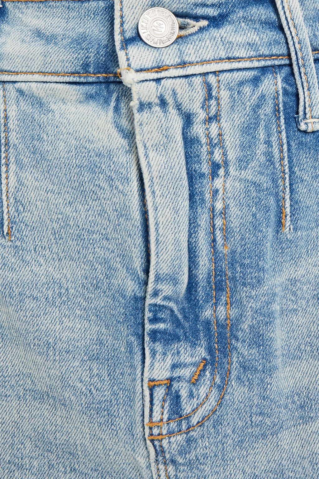 MOTHER Distressed faded denim mini skirt