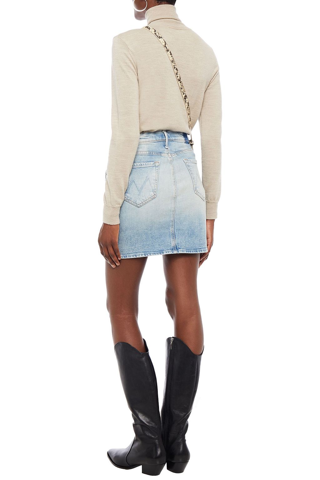 MOTHER Distressed faded denim mini skirt
