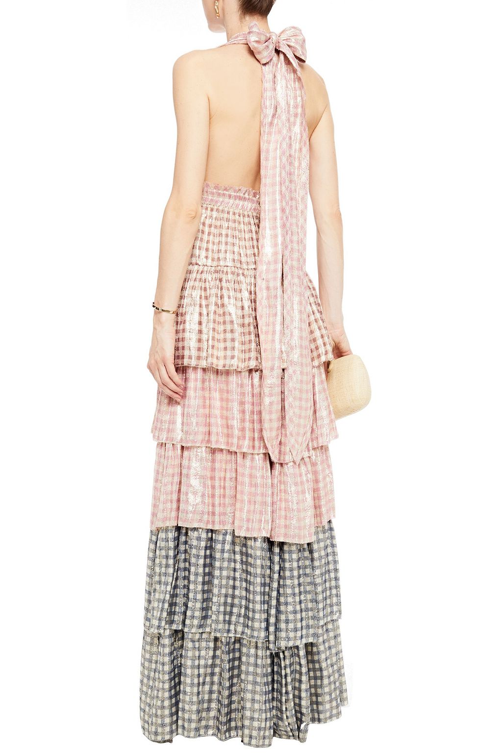 LOVESHACKFANCY Tiered metallic gingham silk-blend halterneck maxi dress