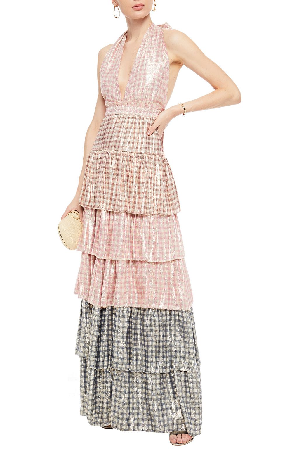 LOVESHACKFANCY Tiered metallic gingham silk-blend halterneck maxi dress