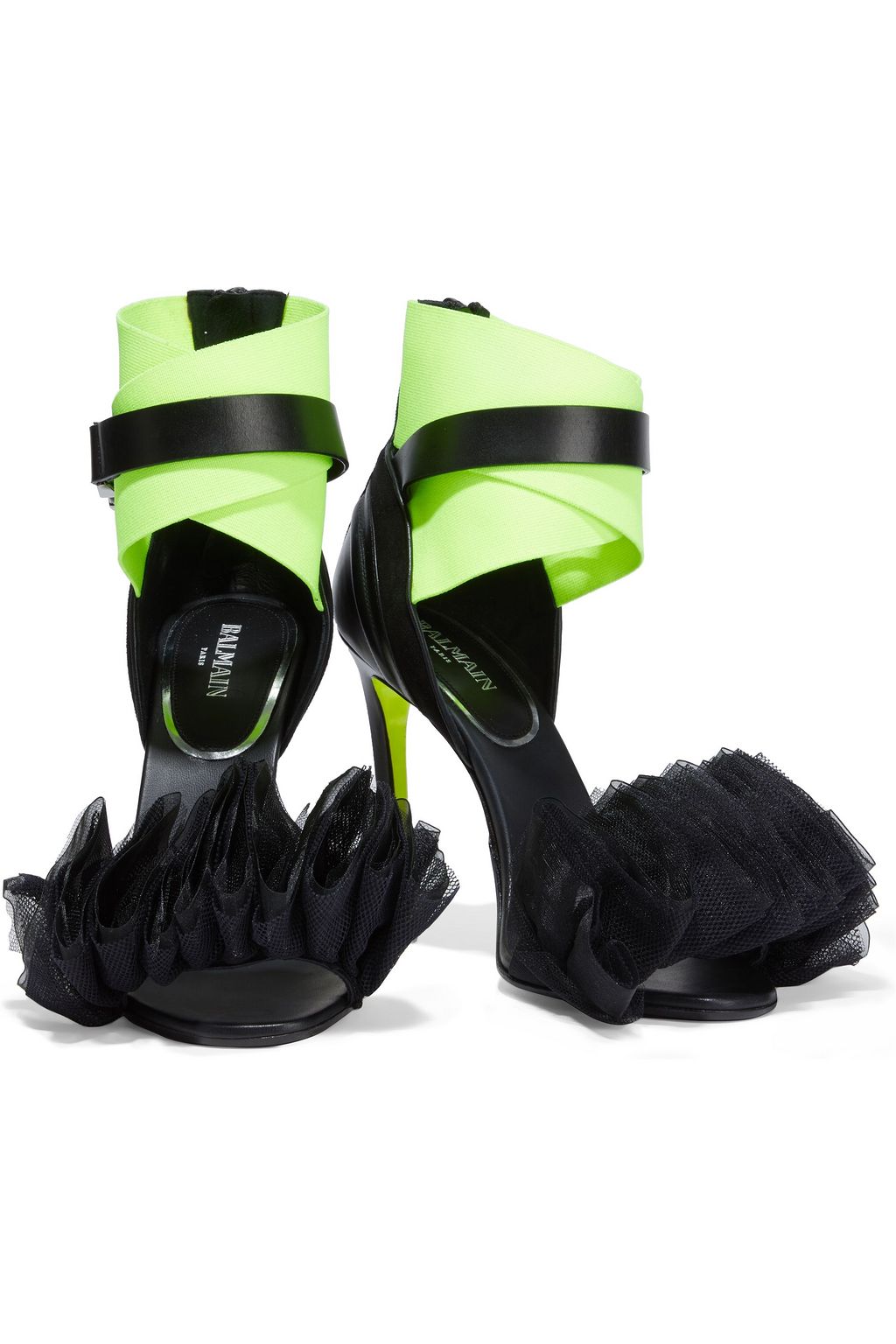 BALMAIN Isuare leather, suede, ruffled tulle and organza sandals