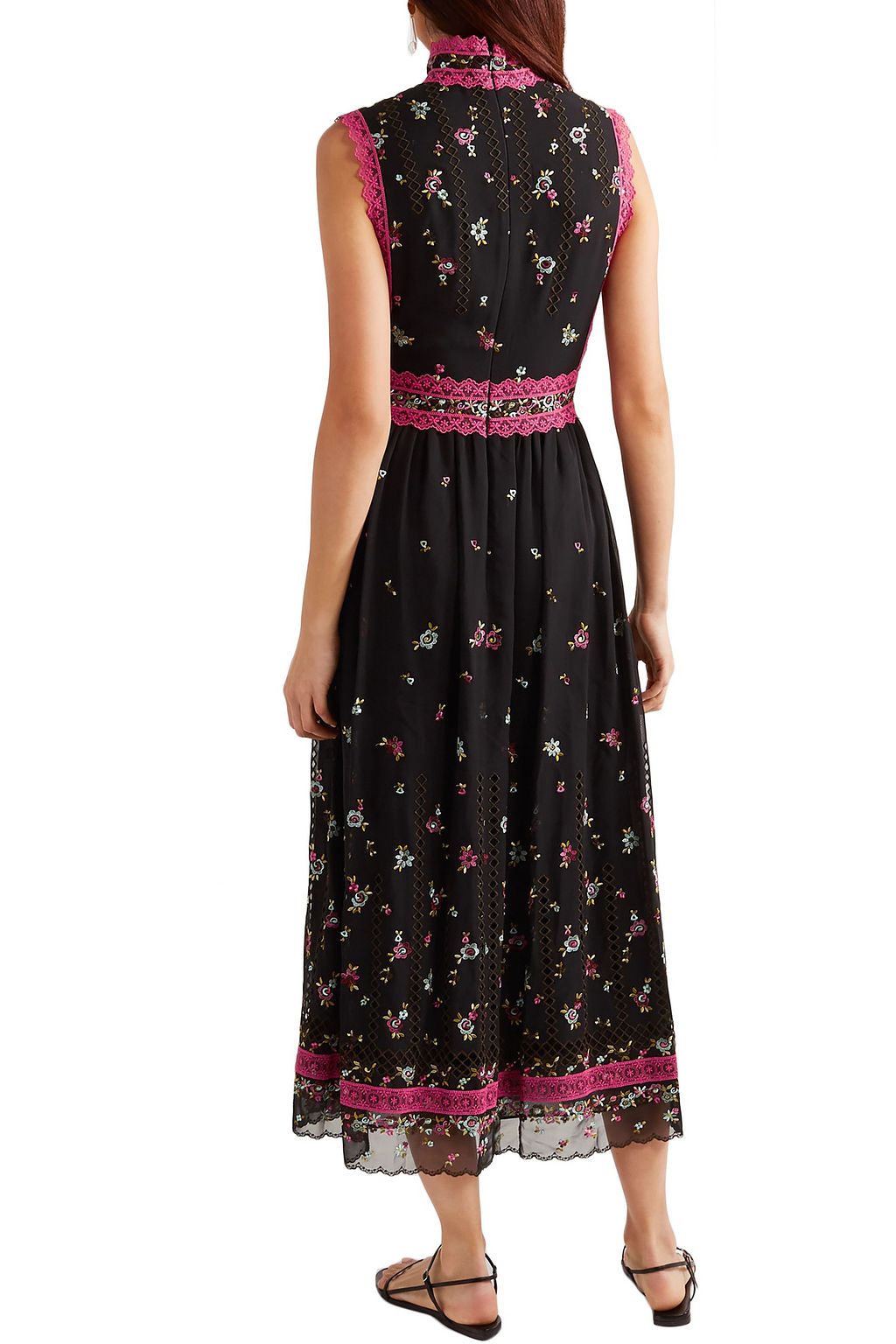 COSTARELLOS Lillias lace-trimmed embroidered silk-blend chiffon midi dress